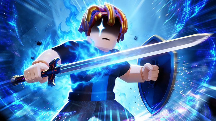 A character holding a longsword and shield wrapped in blue energy
